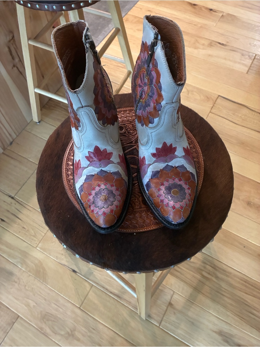 Dan Post Cream Leather Ankle Boots with Floral Applique from Sundance